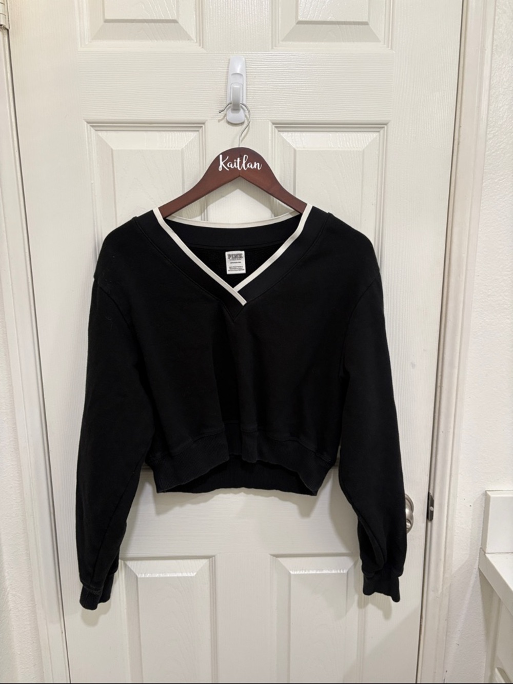 PINK Victoria's Secret Black Cropped V-Neck Sweatshirt with White Trim